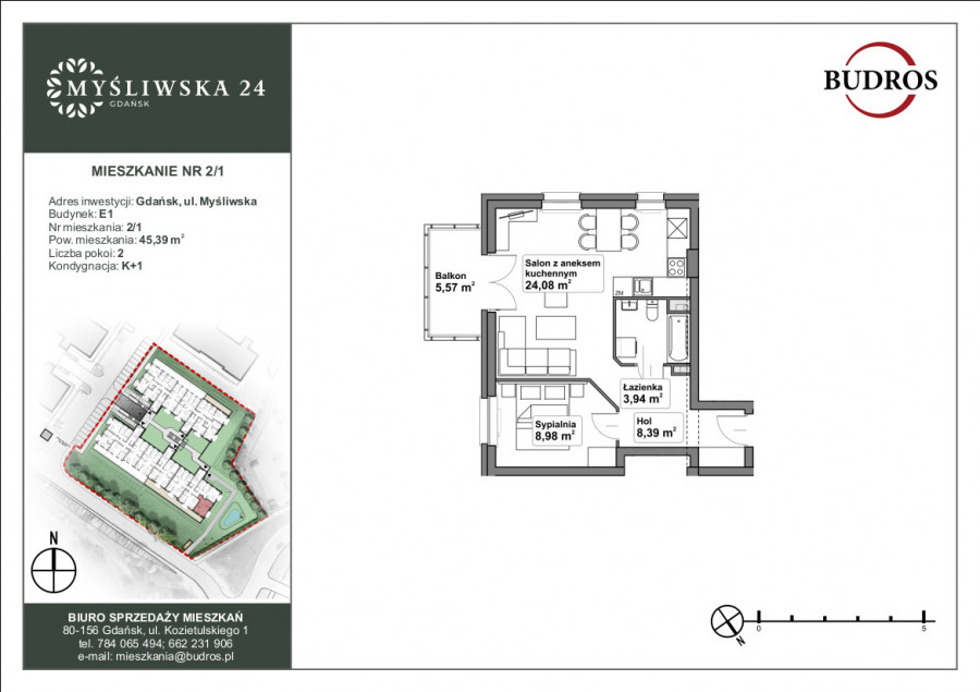 Mieszkanie z balkonem E1 2/1, Myśliwska 24, 45,39 m²: zdjęcie 89641978