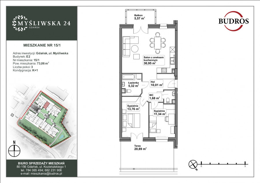 Mieszkanie z balkonem i tarasem E2 15/1, Myśliwska 24, 73,06 m²: zdjęcie 89641375