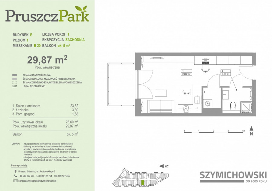 Pruszcz Park E - B.20 - mieszkanie 1-pok 30 m2 z balkonem: zdjęcie 89537475
