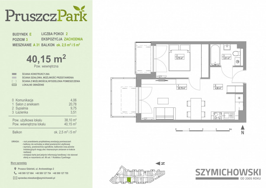 Pruszcz Park E - A.31 - mieszkanie 2-pok 40 m2 z 2 balkonami: zdjęcie 89539319
