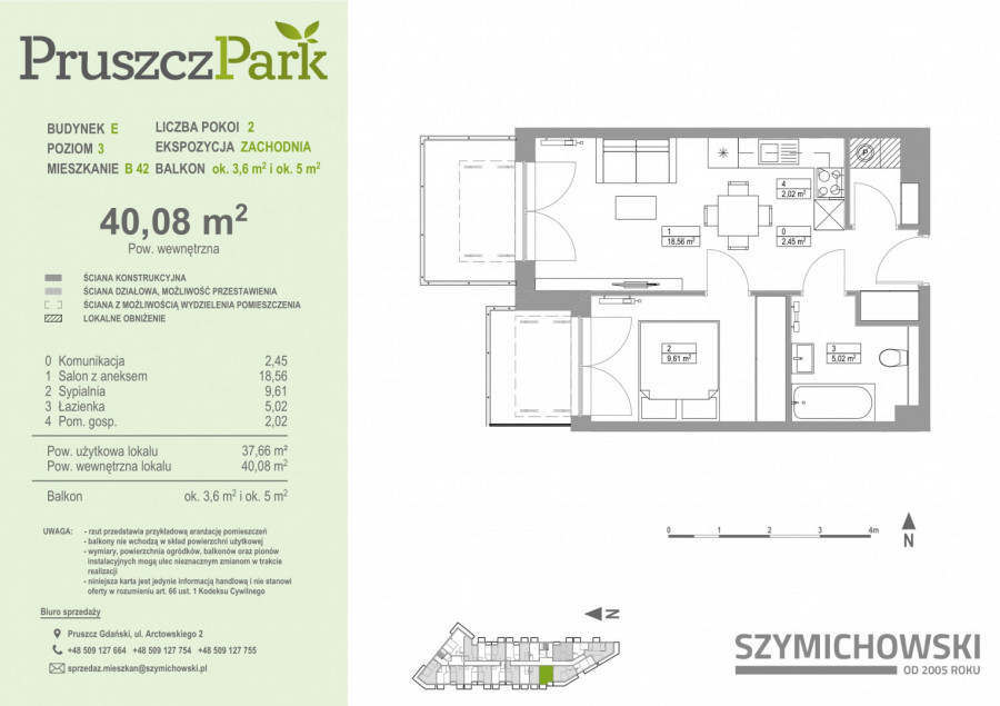 Pruszcz Park E - B.42 - mieszkanie 2-pok 40 m2 z dwoma balkonami: zdjęcie 89552397