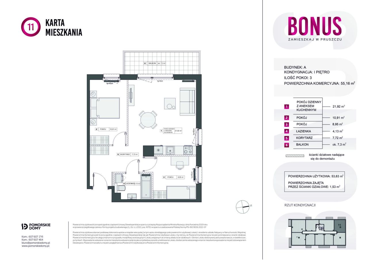 Bonus - 3-pokojowe (55,16 m2) mieszkanie z dużym balkonem!: zdjęcie 92865371