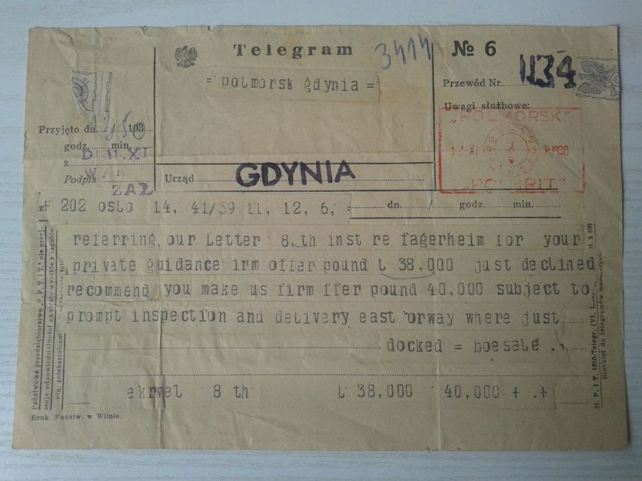 Telegram Gdynia 1938 rok