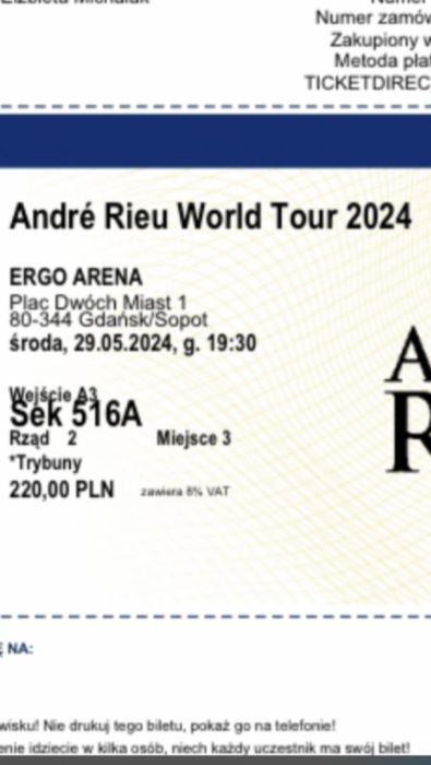 2 bilety koncert Andrea Rieu Ergo Arena 29 maj 2024