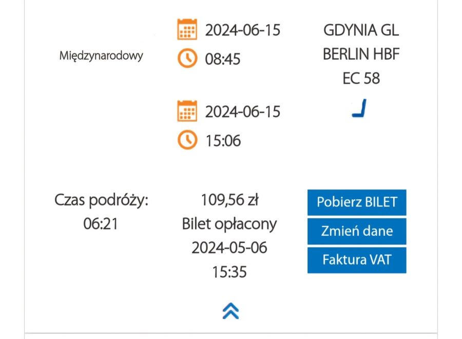 Bilet PKP Gdynia-Berlin 15.06 sobota