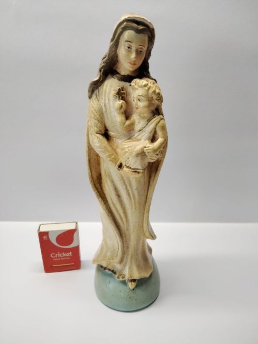 Stara sygnowana figura Matka Boska Boża z dzieciątkiem Jezus