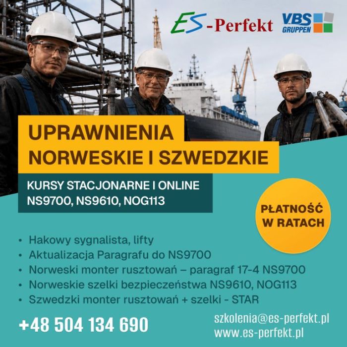 Uprawnienia norweskie i szwedzkie - monter rusztow