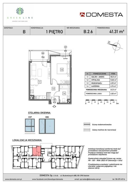 GreenLine B.2.6 - 2 pokoje 41.31 m&sup2; z loggią, dużą sypialnią i widokiem na wzgórza: zdjecie 98776789