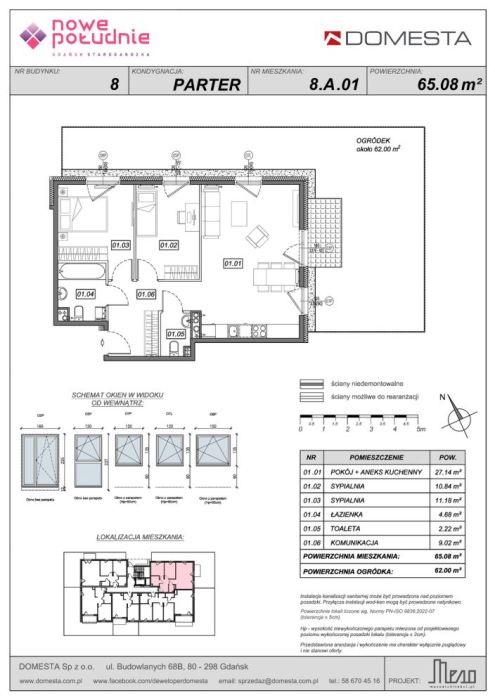 Nowe Południe 8.A.01 - 3 pokoje 65,08 m&sup2;, duży ogród, kuchnia w narożniku, miejsce na stół przy oknie: zdjęcie 98592166