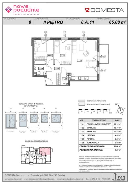 Nowe Południe 8.A.11 - 3 pokoje 65,08 m&sup2;, balkon, kuchnia w narożniku, miejsce na stół przy oknie: zdjęcie 98592173