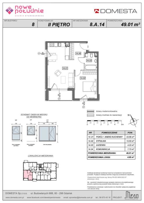 Nowe Południe 8.A.14 - 2 pokoje 49,01 m&sup2;, słoneczne, narożne, loggia, duża sypialnia: zdjęcie 98592176