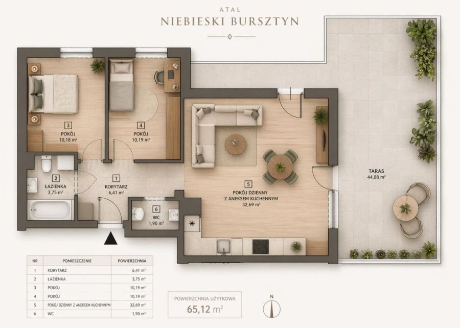 3 pokoje | 65 m&sup2; | taras 45 m&sup2; | ATAL | 1 piętro: zdjęcie 98718397