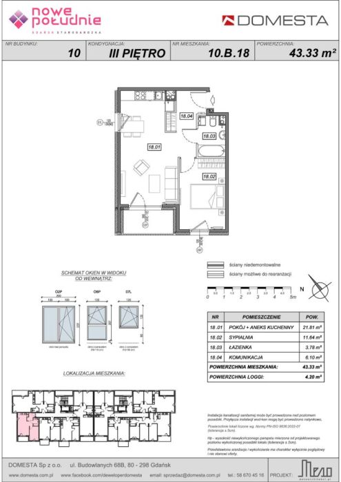 Nowe Południe 10.B.18 – 2 pokoje, 43,33 m&sup2;, narożne z oknem przy aneksie kuchennym: zdjęcie 98601186