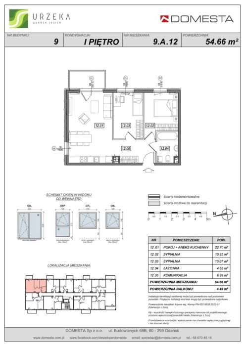Urzeka 9.A.12 - 3 pokoje, 1 piętro, 54,66 m&sup2;, z idealną proporcją pomieszczeń dla rodziny lub pracy z domu: zdjęcie 98702552