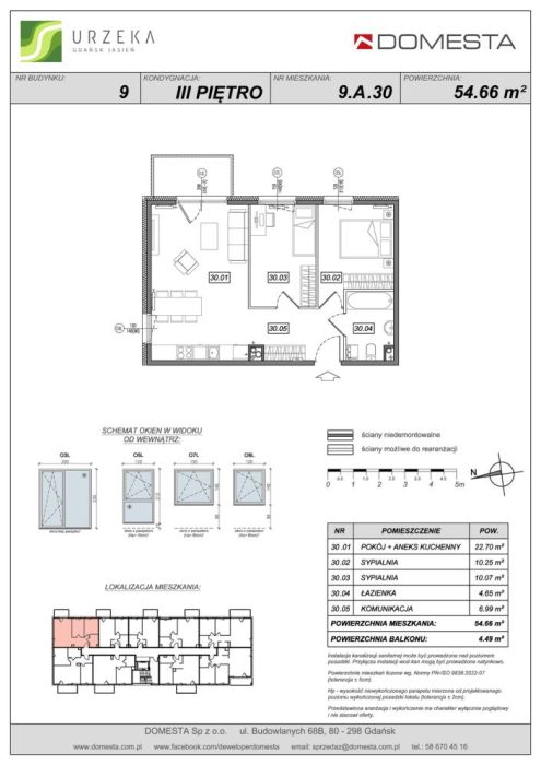 Urzeka 9.A.30 - 3 pokoje, 3 piętro, 54,66 m&sup2;, z domotwórczym układem salonu i wschodnimi sypialniami: zdjęcie 98702722