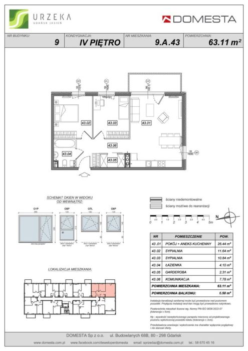 Urzeka 9.A.43 - 3 pokoje, 4 piętro, 63,11 m&sup2;, z garderobą, światłem i przestrzenią do eleganckiej aranżacji: zdjęcie 98702852
