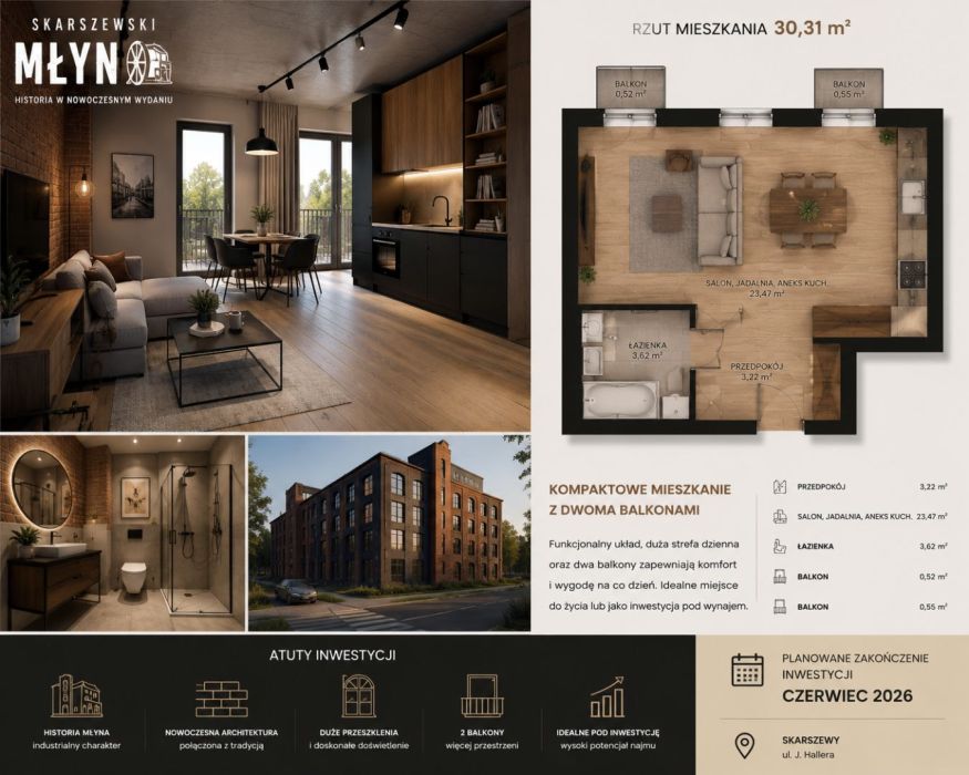 Kompaktowy apartament z 2 balkonami w historycznym Młynie