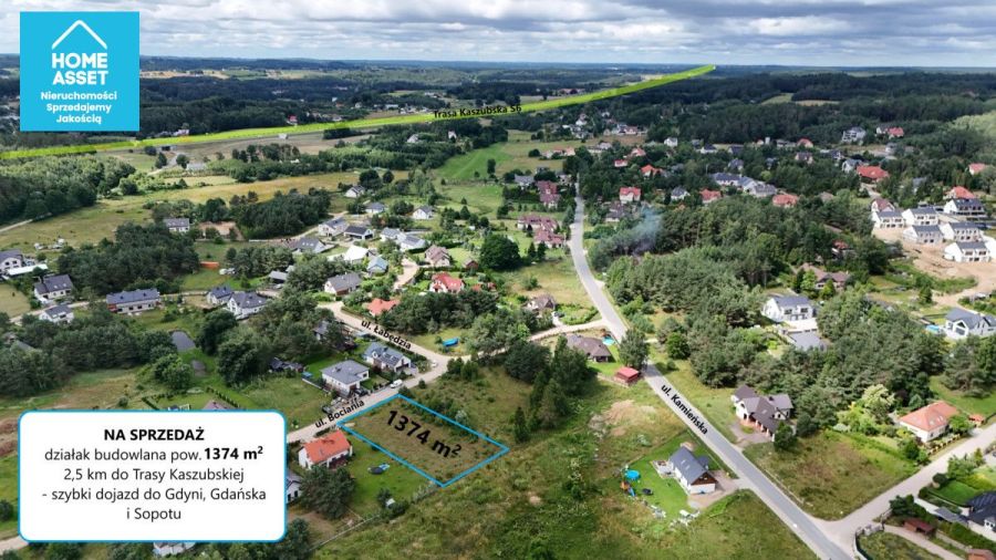 Działka budowlana 1374 m&sup2;,MPZP,Media,2,5 km od S6