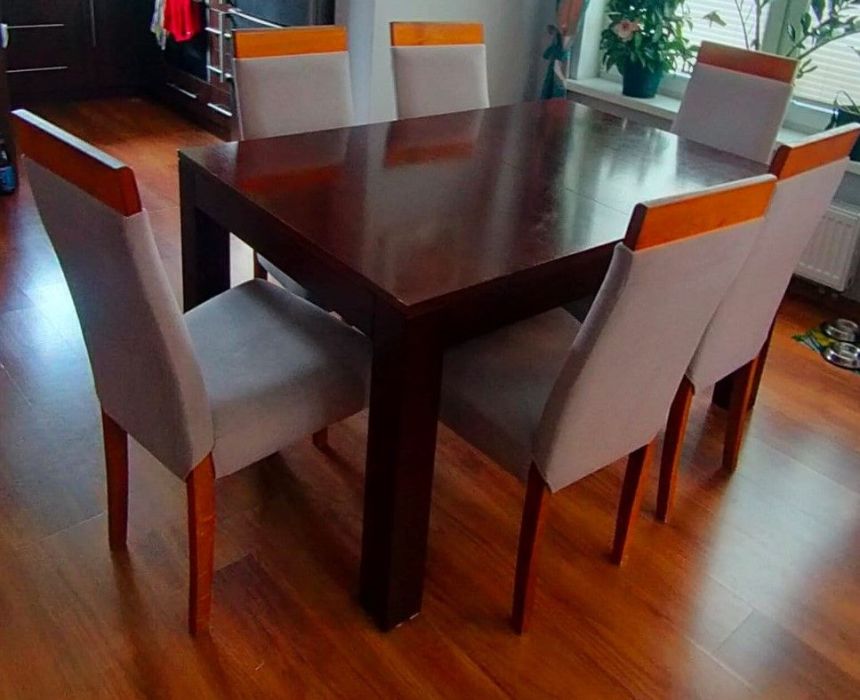 6 krzeseł tapicerowanych jasny szary materiał + ciemne nogi: zdjecie 99463956