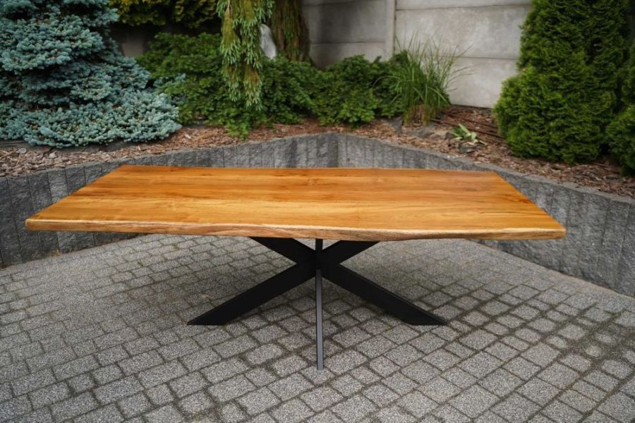 Stół z litego drewna TEAK 220 cm | naturalny blat | stalowa podstawa: zdjecie 99543425