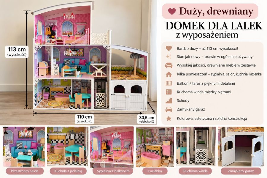 Duży XXL domek dla lalek z pięknymi meblami drewnianymi - JAK NOWY!: zdjecie 99562659
