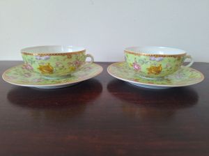 Elegancki komplet 2 filiżanek ze spodeczkami zielona porcelana: zdjecie 66553617