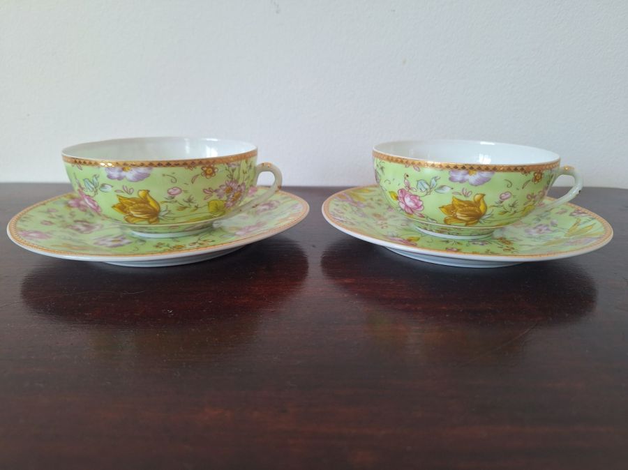 Elegancki komplet 2 filiżanek ze spodeczkami zielona porcelana: zdjecie 99562763
