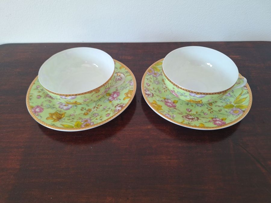 Elegancki komplet 2 filiżanek ze spodeczkami zielona porcelana: zdjecie 99562764