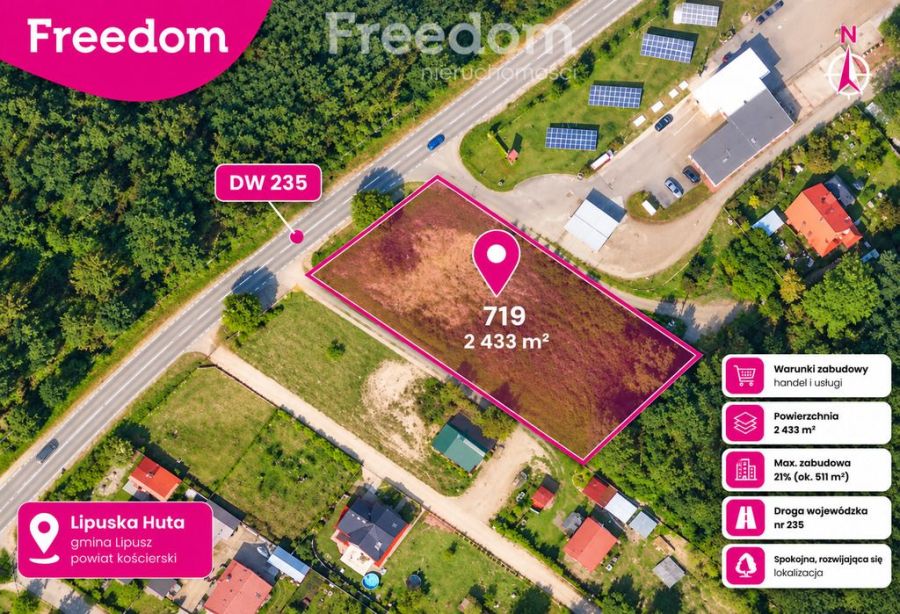 Działka inwestycyjna 2 433 m&sup2; | WZ na handel i usługi | Lipuska Huta
