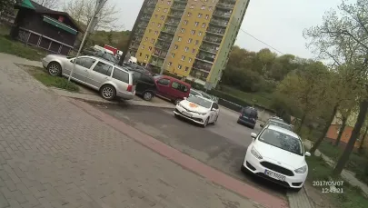 Zaparkowane samochody przed oznakowanym przejściem i przejazdem
