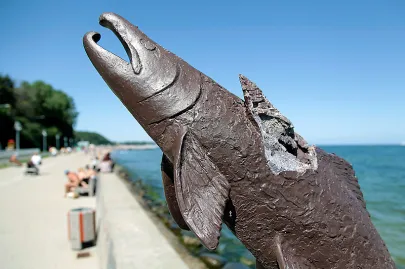 zdewastowany Pomnik łososi z Seatle