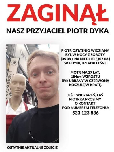 Zaginiony Piotr Dyka, 27-latek z Gdańska