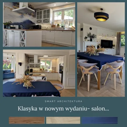 Salon z aneksem kuchennym i jadalnią w stylu glamour