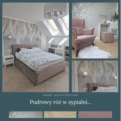 Sypialnia w stylu glamour, pudrowy róż
