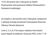 Zerwanie sieci trakcyjnej przy Węźle Piastowskim