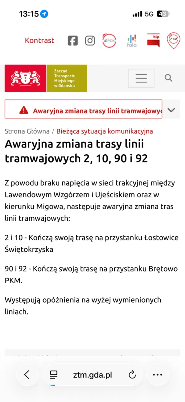 Brak napięcia w sieci trakcyjnej wymusił zmianę tras tramwajowych