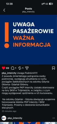 Śmiertelny wypadek na torach dalekobieżnych między Gdańskiem a Gdynią