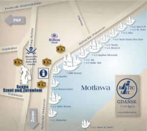 Plan usytuowania sceny głównej "Szant pod Żurawiem" edycja 2011. Widzimy teren Targu Rybnego nad Motławą z ukazaną szczegółową lokalizacją jednostek flotylli "Baltic Sail".
