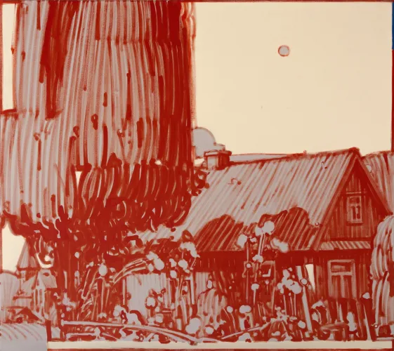 Przemysław Blejzyk (Sainer), Dom na podlasiu, akryl na płótnie, 180x200cm, 2019, materiały prasowe wystawy