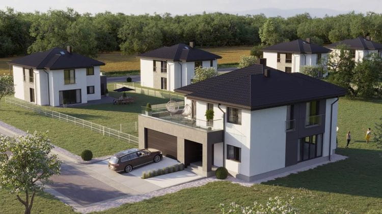 Pastelowe Osiedle: domy z dwustanowiskowymi garażami i dużymi ogrodami. 
