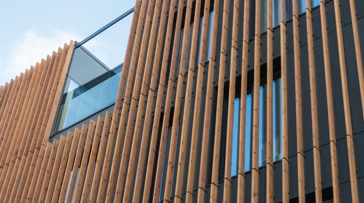 Elementy ze skandynawskiej sosny zdobią minimalistyczną elewacje budynku.