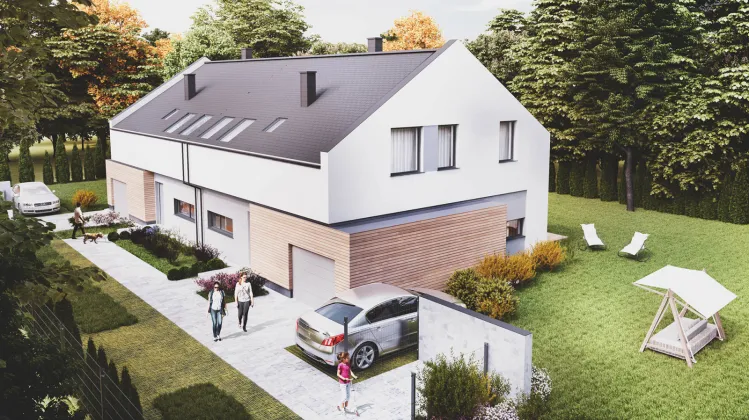 Nowoczesna architektura zabudowy komponuje się z otaczającą ją zielenią. 