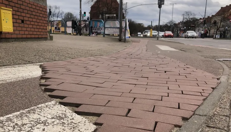 Brukowa mozaika na drodze rowerowej we Wrzeszczu