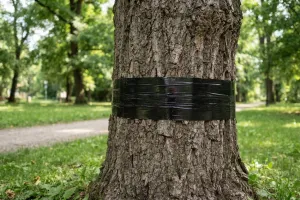 Czarna folia owinięta wokół pnia drzewa. Jaką pełni funkcję?