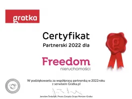 Certyfikat "W podziękowaniu za współpracę partnerską w 2022 roku z serwisem Gratka.pl" przyznany Freedom Nieruchomości w 2022 roku.