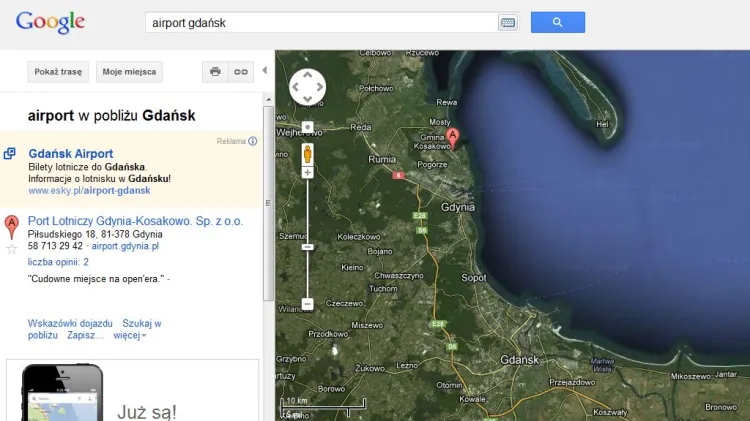 Po wpisaniu w Google Maps hasła "airport gdańsk" serwis pokazuje Kosakowo i opis tamtejszego portu lotniczego.