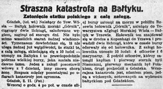 Tak ówczesna prasa informowała o katastrofie holownika "Górnik". Pierwotnie mówiono, że śmierć poniosła cała załoga. Jeden z uczestników feralnego rejsu osierocił siedmioro dzieci.