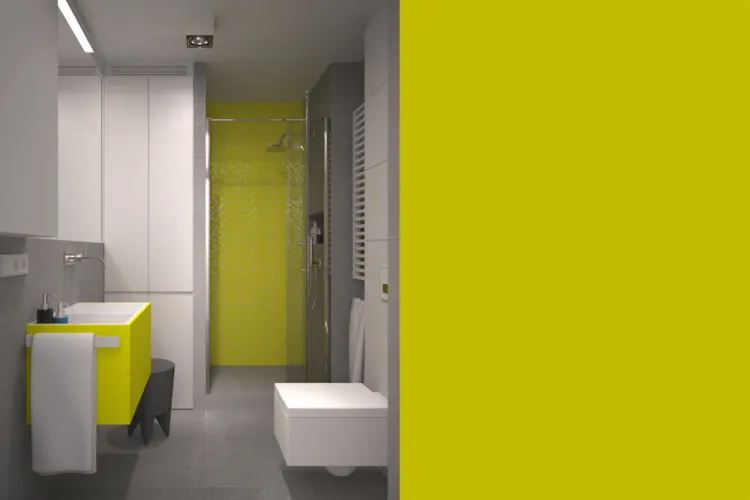 Koncepcja pierwsza. Stonowane kolory w małej łazience są tłem i nie zabierają przestrzeni, dodatek dwóch uspójnionych akcentów kolorystycznych nadaje pomieszczeniu charakteru. 