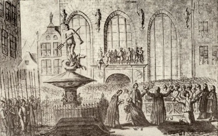 Fontanna Neptuna na ilustracji przedstawiającej egzekucję w dniu 7 marca 1650 r.