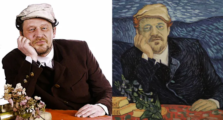 Po lewej stronie mamy obraz tzw. referencyjny wyświetlany z rzutnika na podobrazie. Po prawej obraz namalowany na podobraziu przez artystę. Malarz ma również przed sobą w czasie testu obraz Van Gogh'a przedstawiający postać w podobnej pozie.
